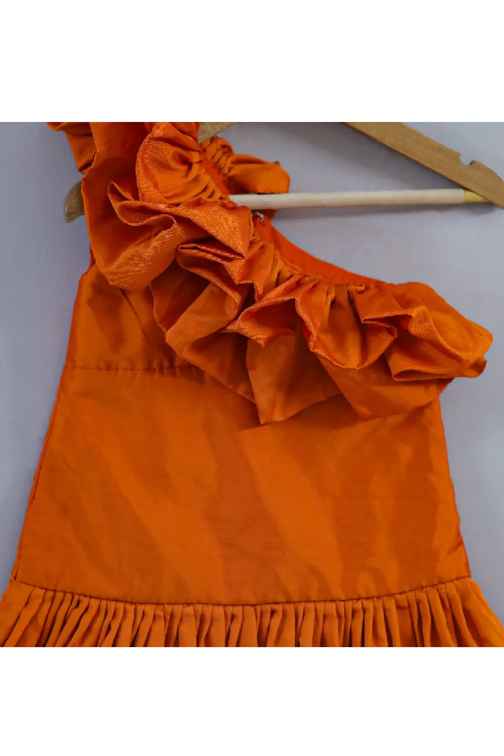 Rust Orange Frill Silk One Shoulder Dress