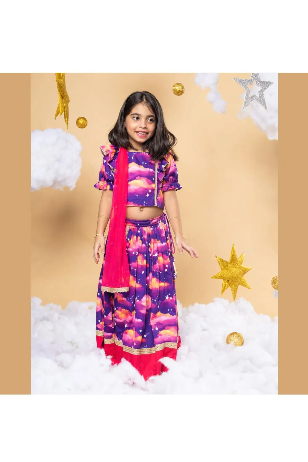 Star And Cloud Printed Cotton Satin Top With Lehenga Set