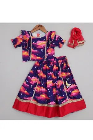 Star And Cloud Printed Cotton Satin Top With Lehenga Set