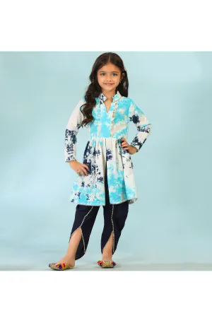 White And Blue Printed Peplum Style Cotton Top With Dhoti Set