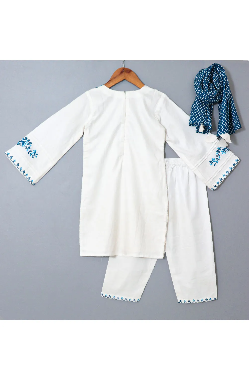 White And Blue Thread Embroidered Cotton Satin Kurta With Pant Set