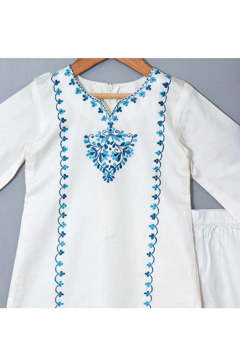 White And Blue Thread Embroidered Cotton Satin Kurta With Pant Set