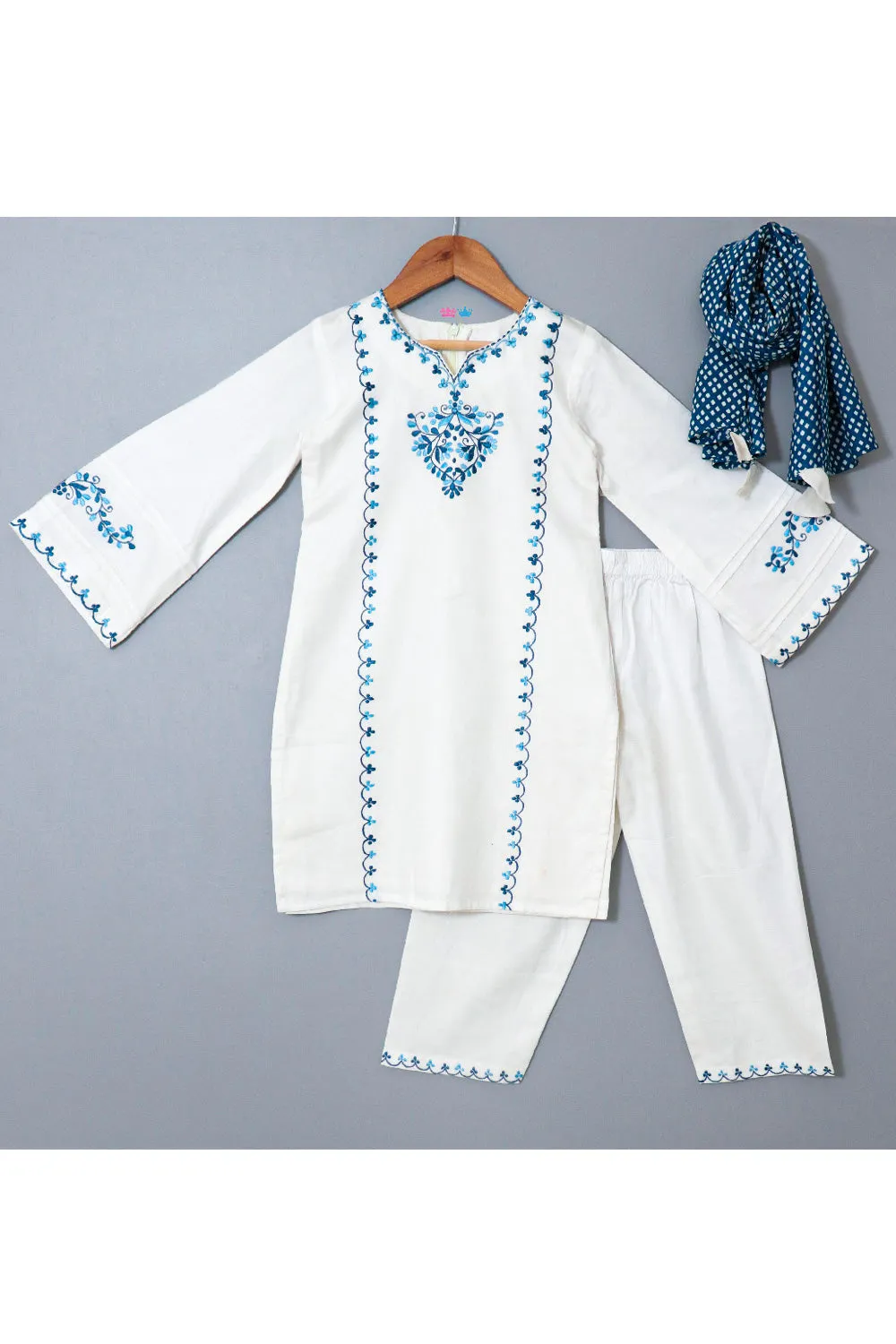 White And Blue Thread Embroidered Cotton Satin Kurta With Pant Set