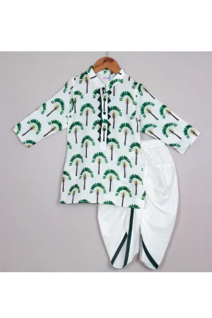 White And Green Palm Tree Printed Cotton Silk Kurta With Dhoti Set