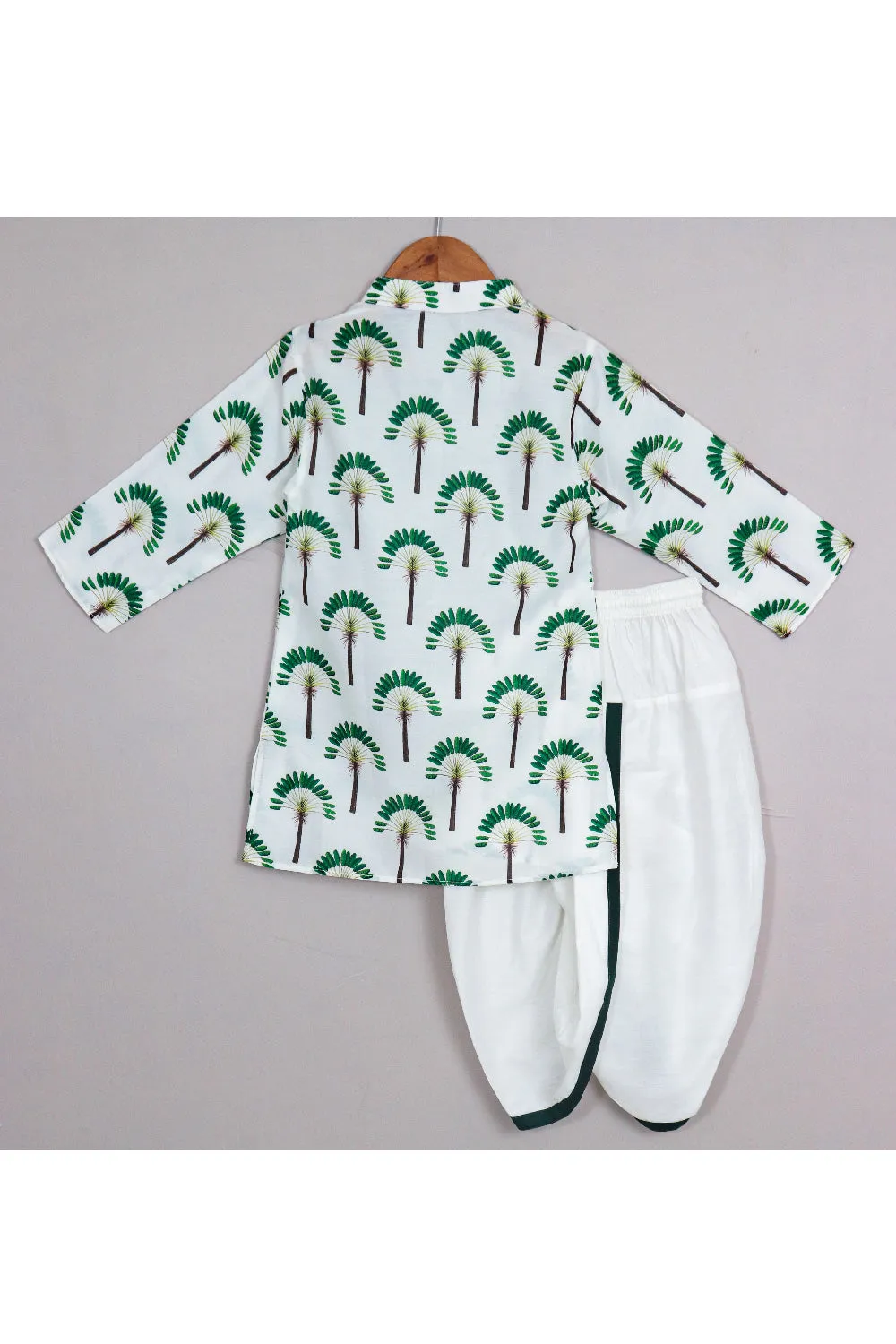 White And Green Palm Tree Printed Cotton Silk Kurta With Dhoti Set