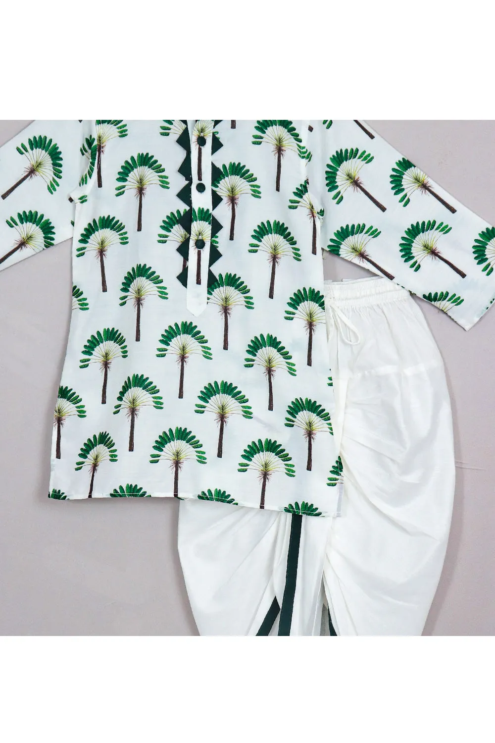 White And Green Palm Tree Printed Cotton Silk Kurta With Dhoti Set