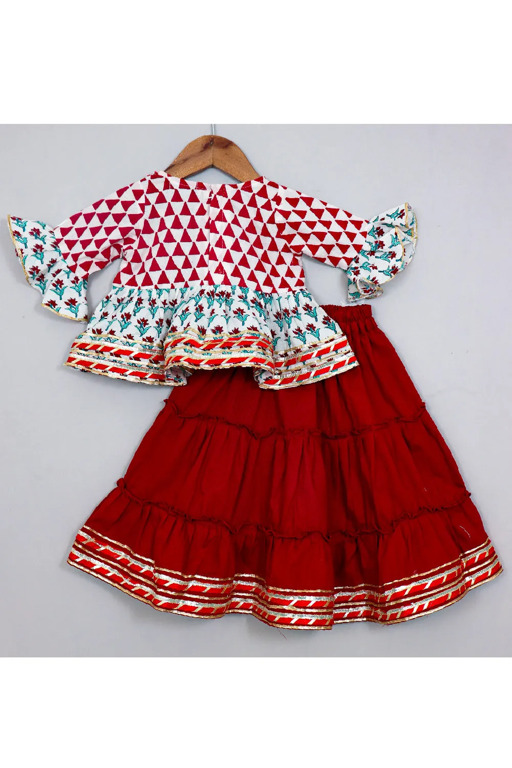 White And Maroon Hand Block Printed Peplum Top With Lehenga Set