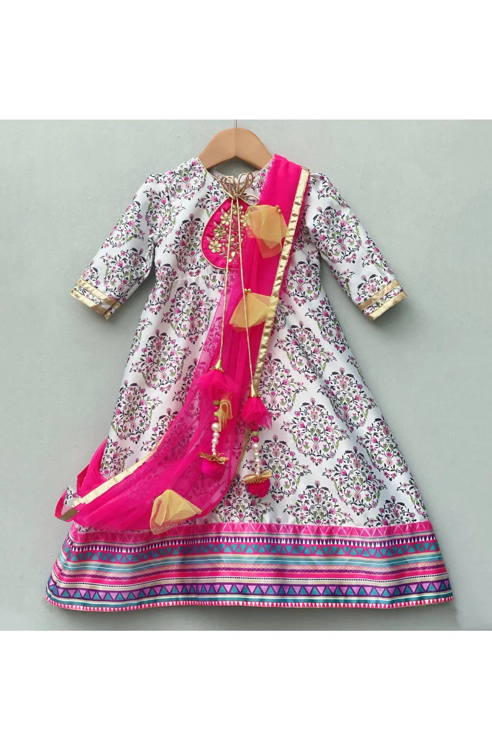 White and pink hand embroidered gotta patti anarkali