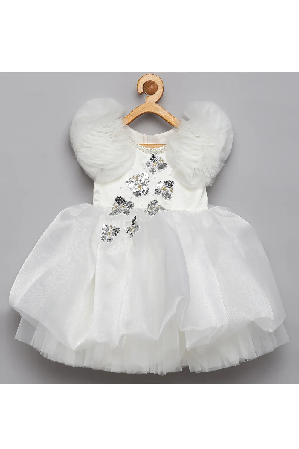 White And Silver Sequins Butterfly Organza Dress