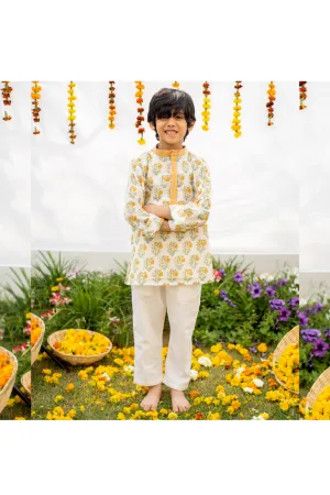 White And Yellow Marigold Printed Kurta And Pants Set