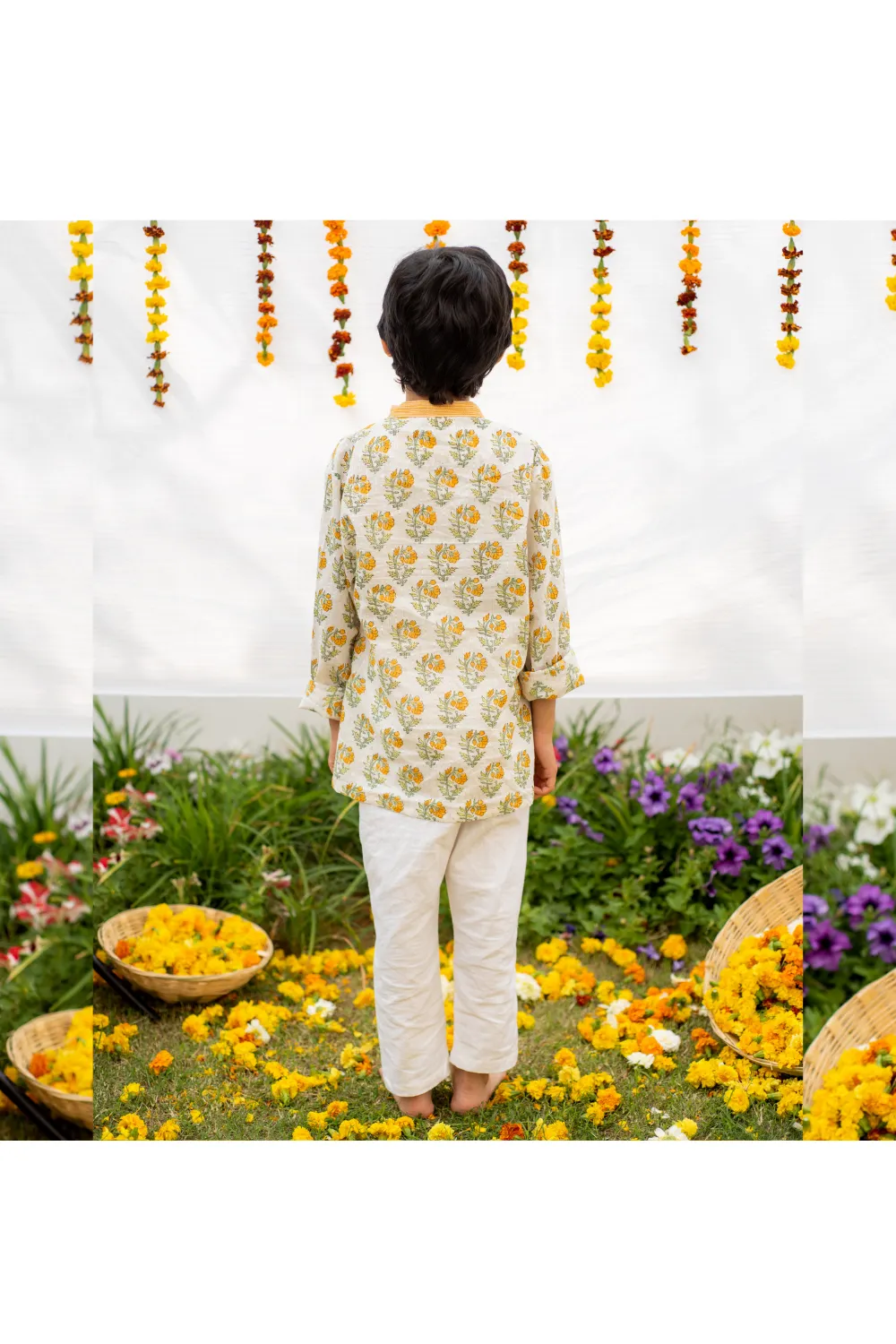 White And Yellow Marigold Printed Kurta And Pants Set