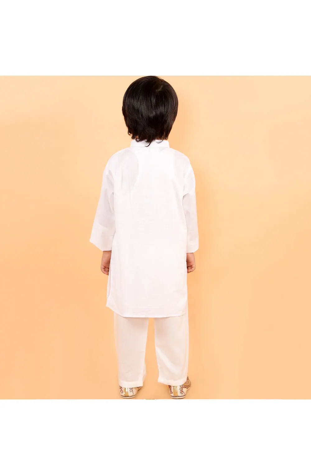 White cotton kurta with colorful lace and white pyjama