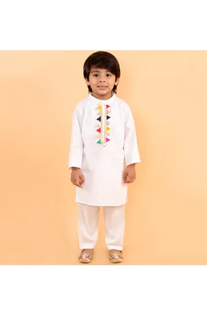 White cotton kurta with colorful lace and white pyjama