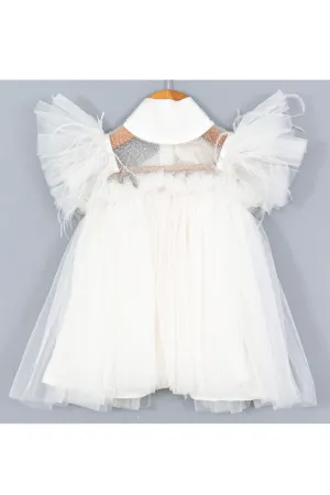 White Feather Detailing Ruffle Net Dress