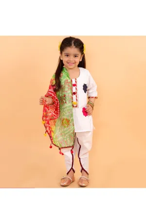 White kurta with colorful patches and dhoti with bandhani dupatta