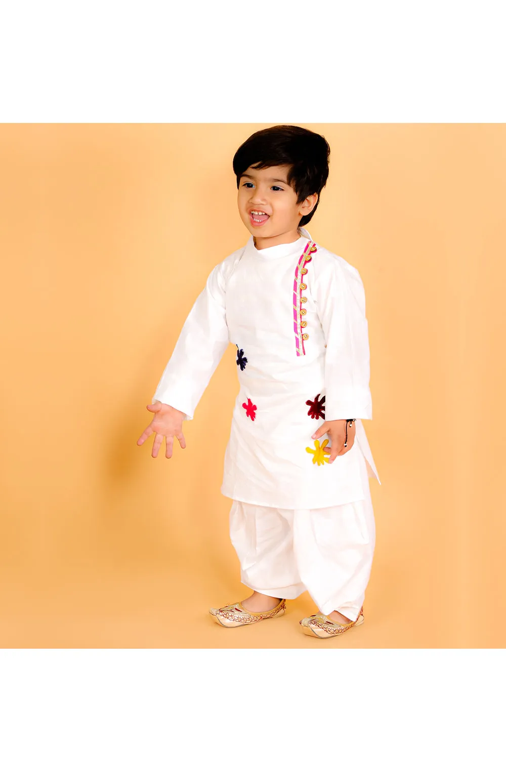 White Patch Work Kurta With Dhoti Set