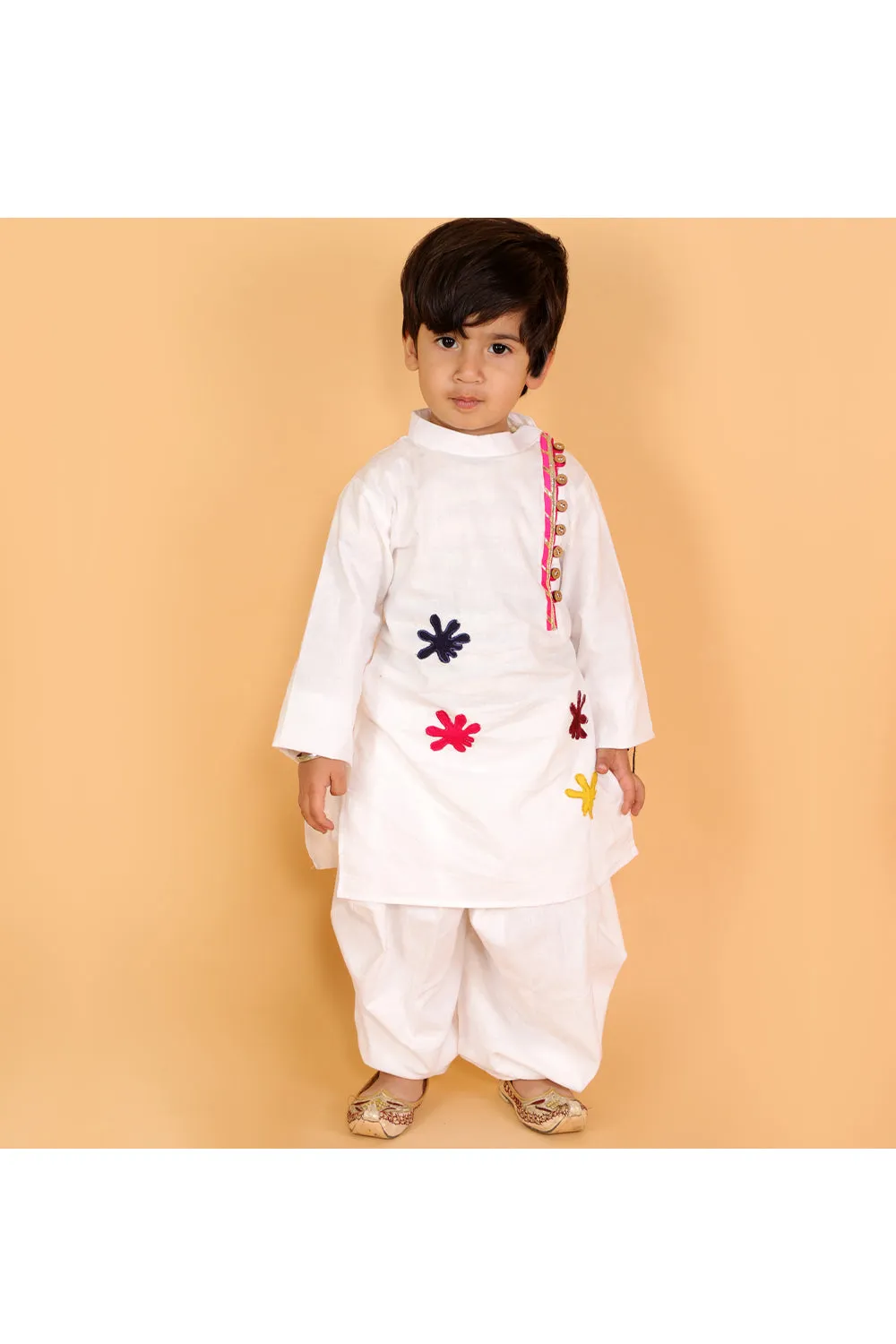 White Patch Work Kurta With Dhoti Set