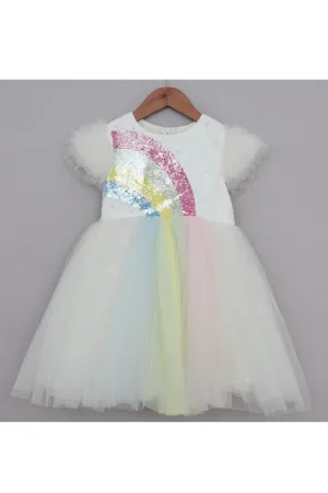 White Rainbow Sequins And Pearl Detailing Net Dress