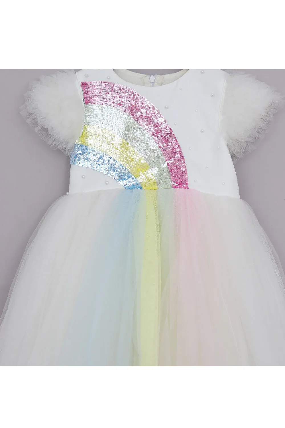 White Rainbow Sequins And Pearl Detailing Net Dress