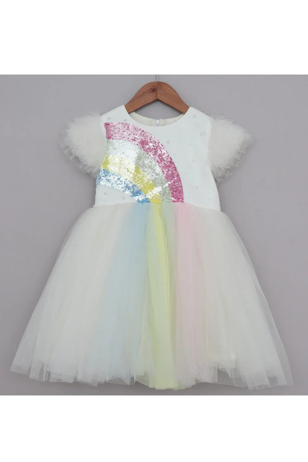 White Rainbow Sequins And Pearl Detailing Net Dress