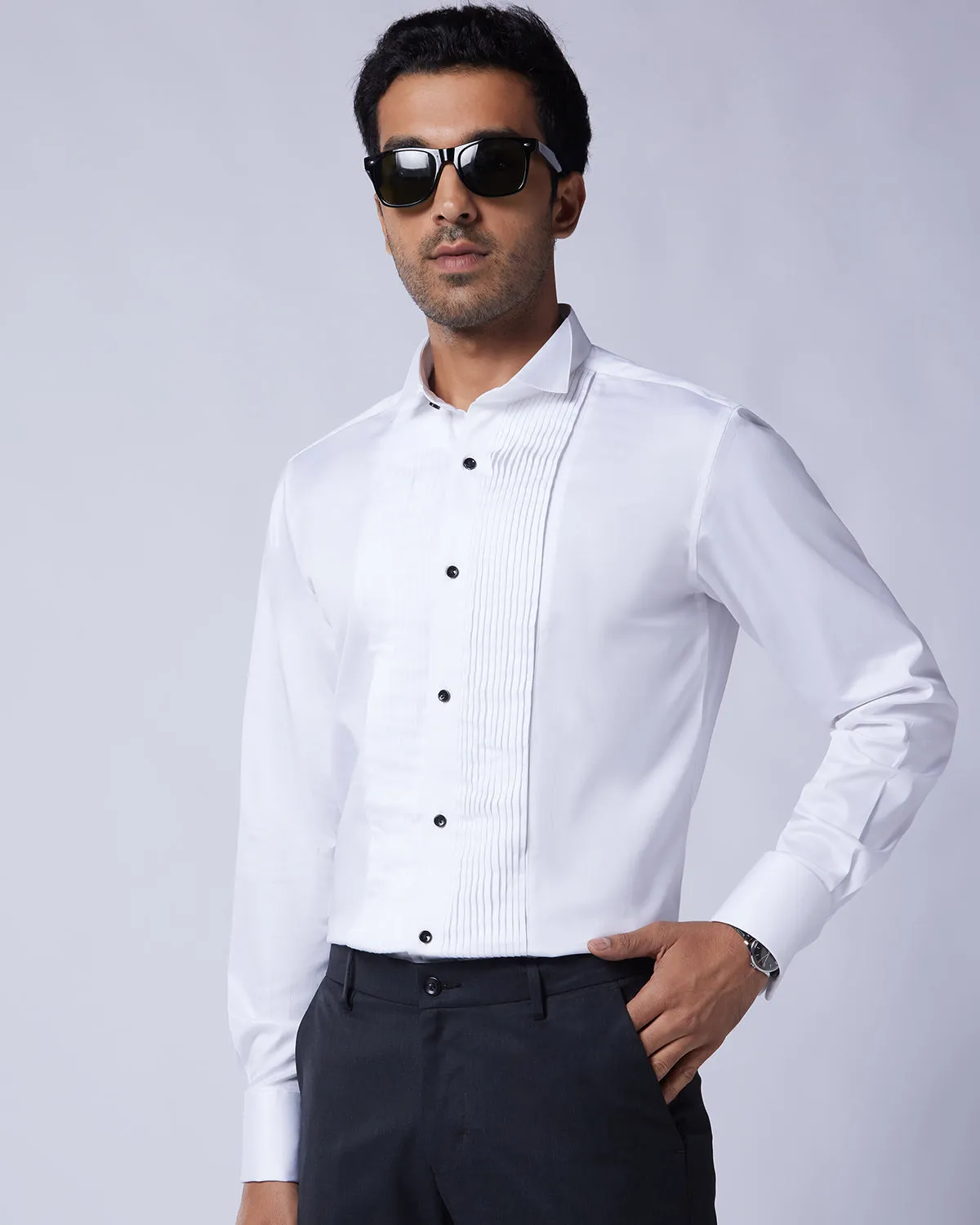 White Stretch Satin Tuxedo Shirt