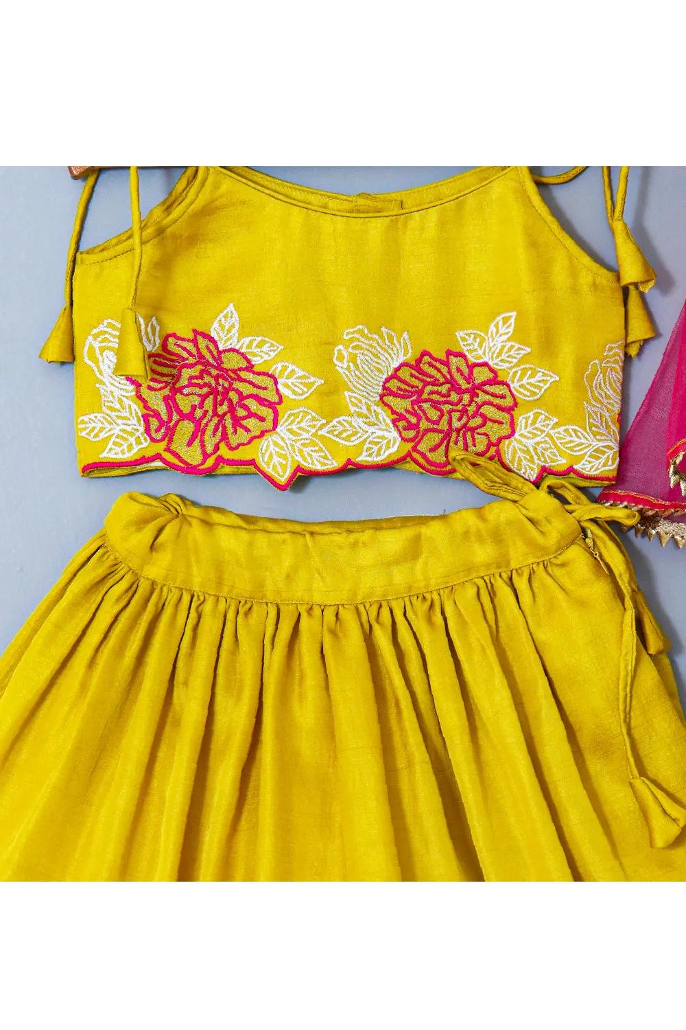 Yellow And Pink Floral Embroidered Silk Top With Lehenga Set