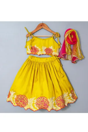 Yellow And Pink Floral Embroidered Silk Top With Lehenga Set