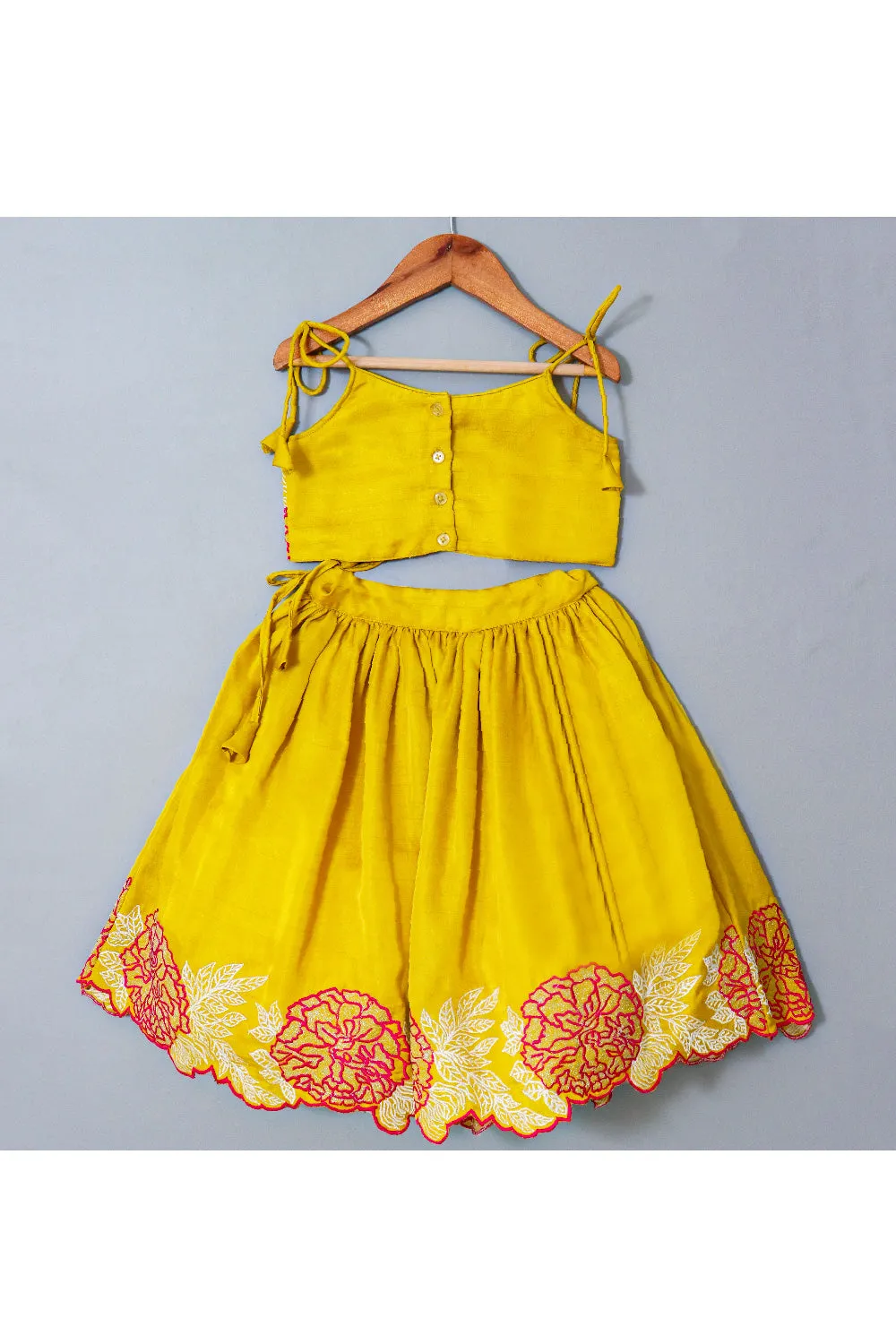 Yellow And Pink Floral Embroidered Silk Top With Lehenga Set