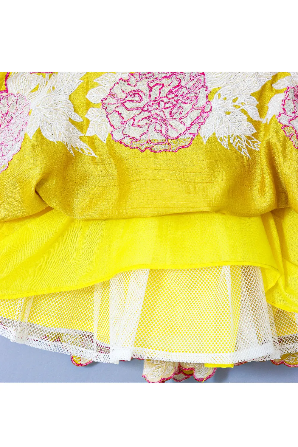 Yellow And Pink Floral Embroidered Silk Top With Lehenga Set