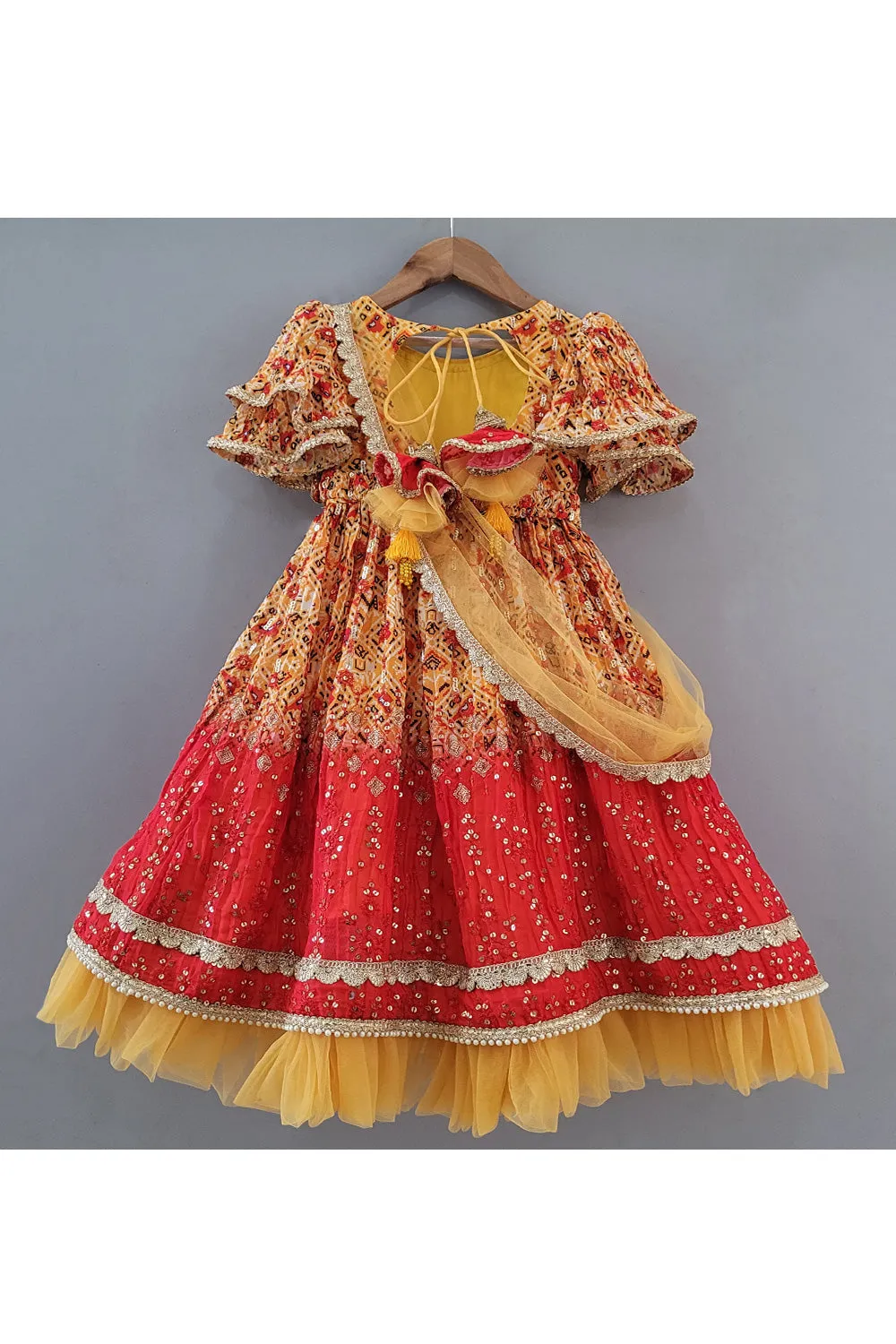 Yellow And Red Printed Lace Detailing Anarkali With Dupatta Set