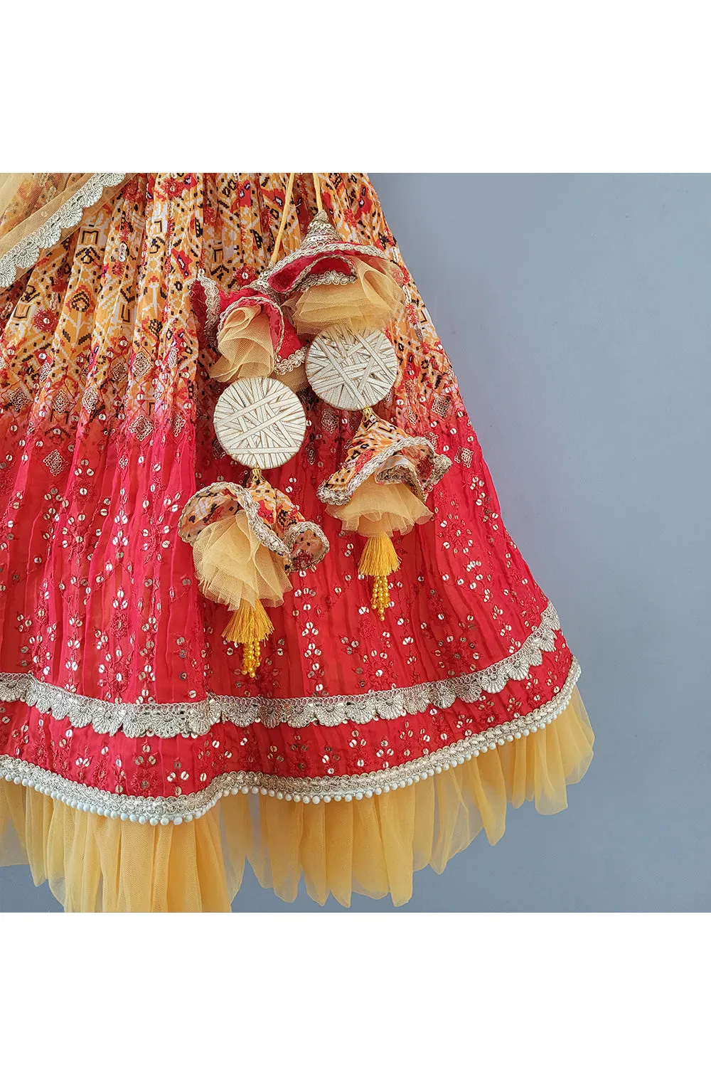 Yellow And Red Printed Lace Detailing Anarkali With Dupatta Set