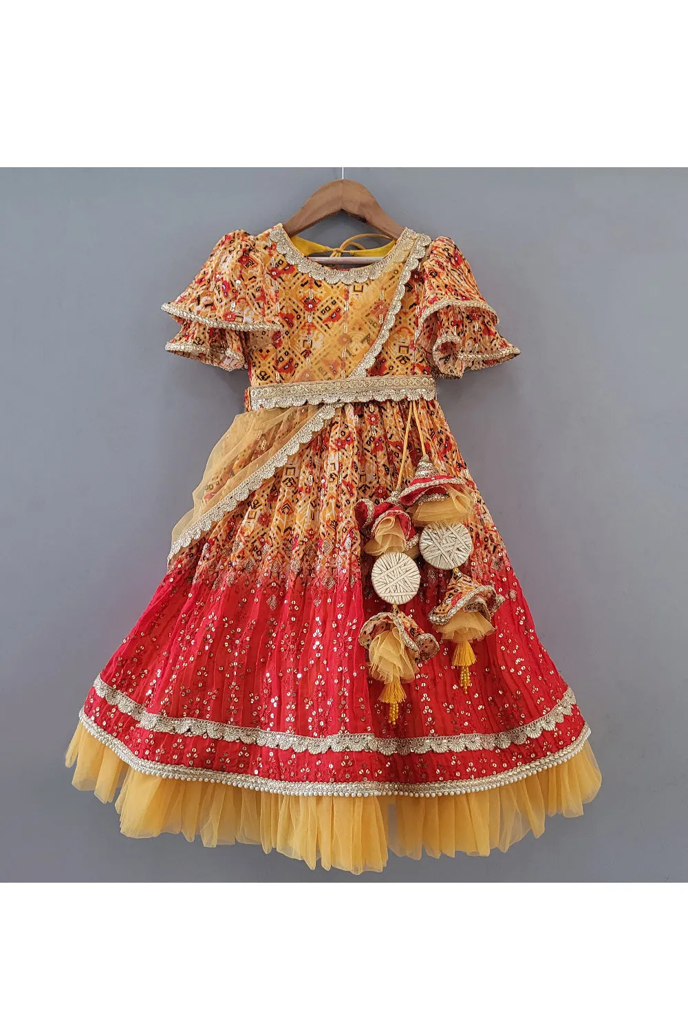 Yellow And Red Printed Lace Detailing Anarkali With Dupatta Set