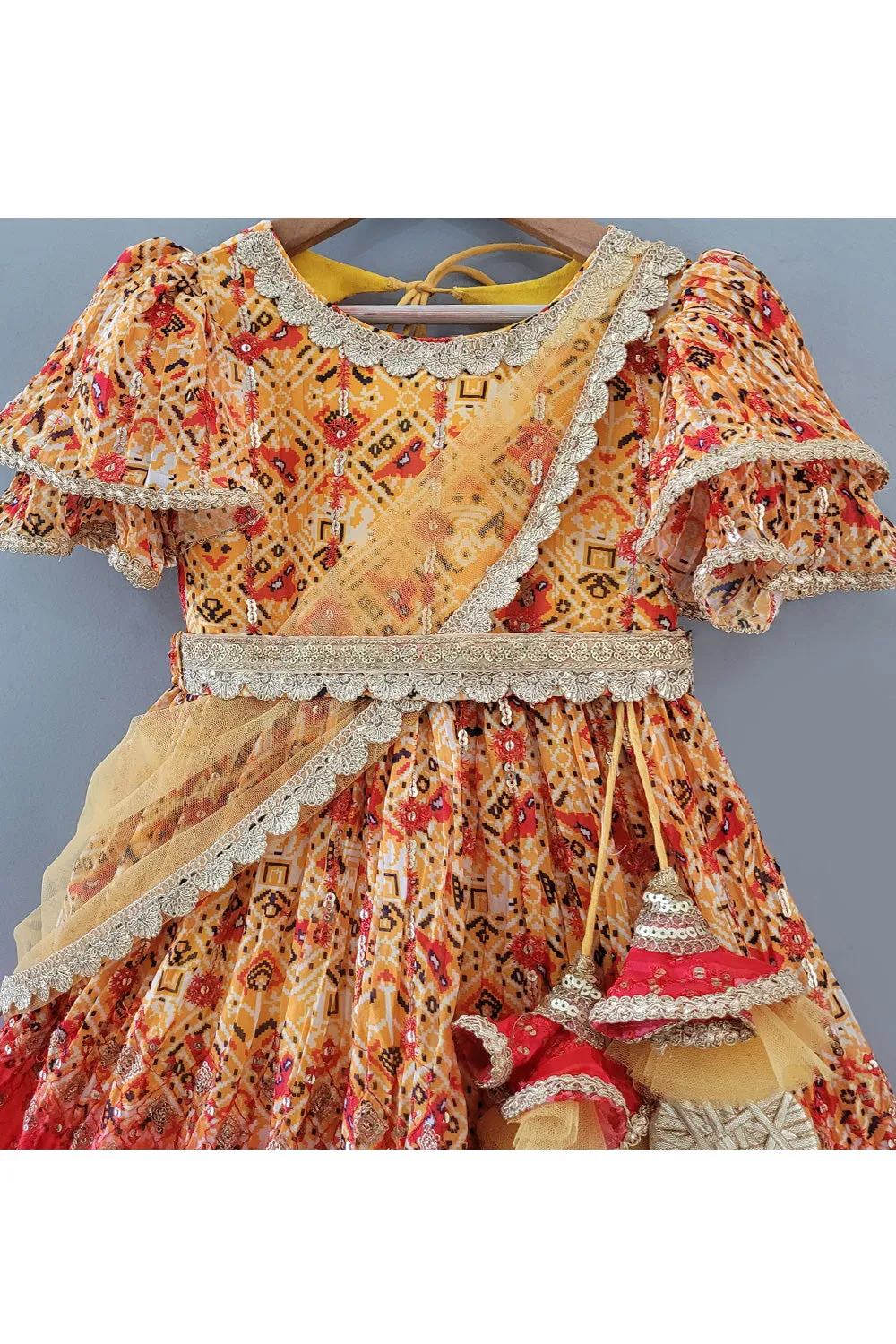 Yellow And Red Printed Lace Detailing Anarkali With Dupatta Set