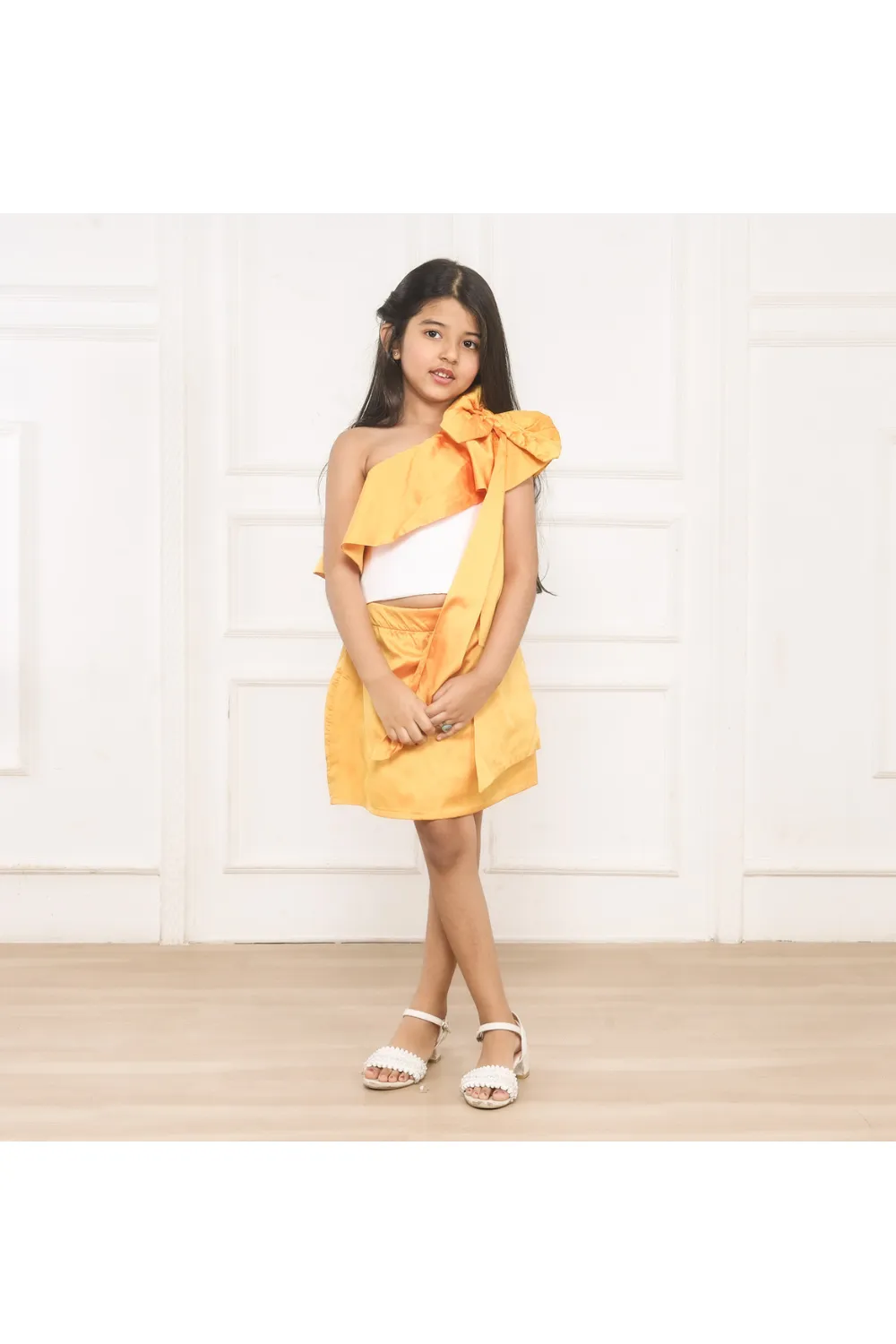 Yellow And White One-Shoulder Scuba Top With Skirt Set