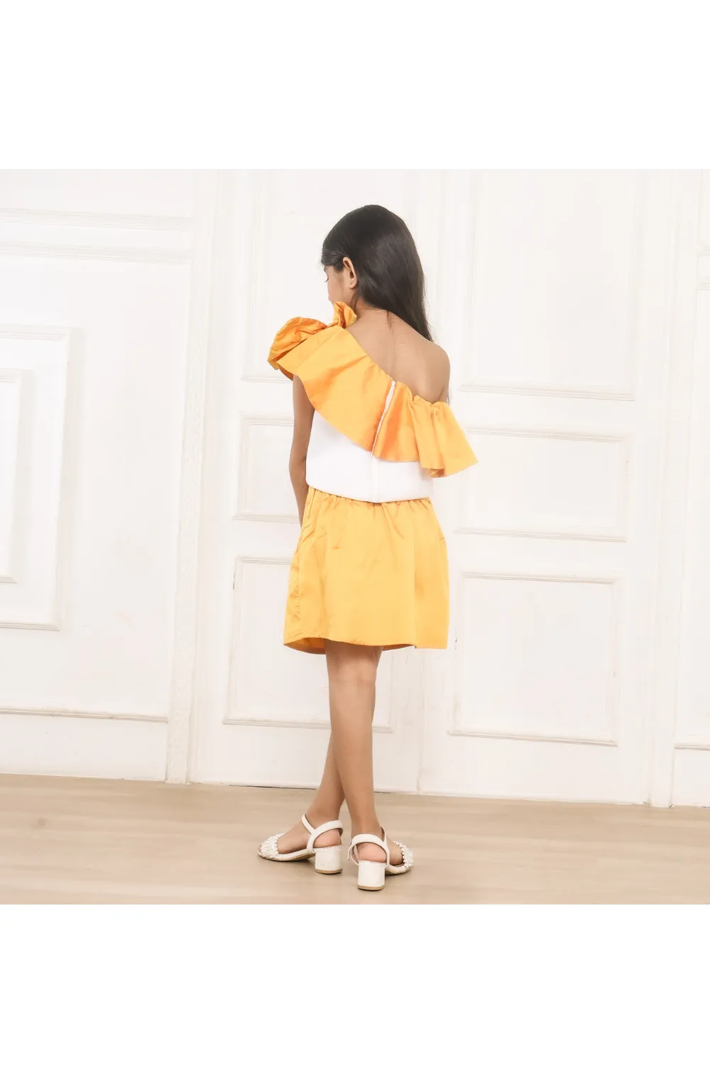 Yellow And White One-Shoulder Scuba Top With Skirt Set