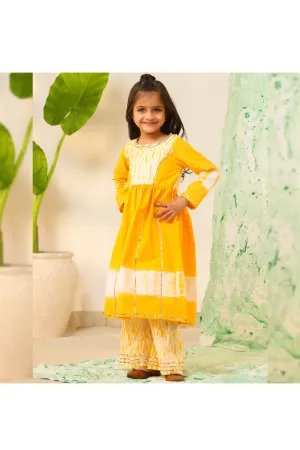 Yellow And White Printed And Lace Detailing Peplum Style Kurta With Palazzo Set