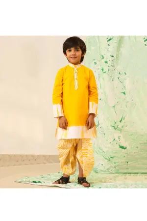 Yellow And White Tie And Dye Cotton Kurta With Dhoti Set