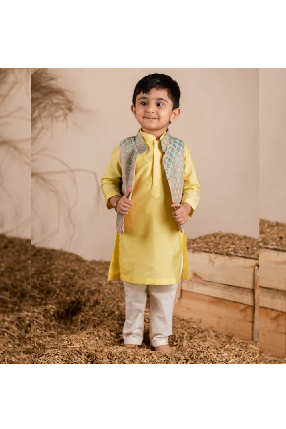 Yellow Cotton Silk Kurta And Churidar With Green Brocade Jacket Set