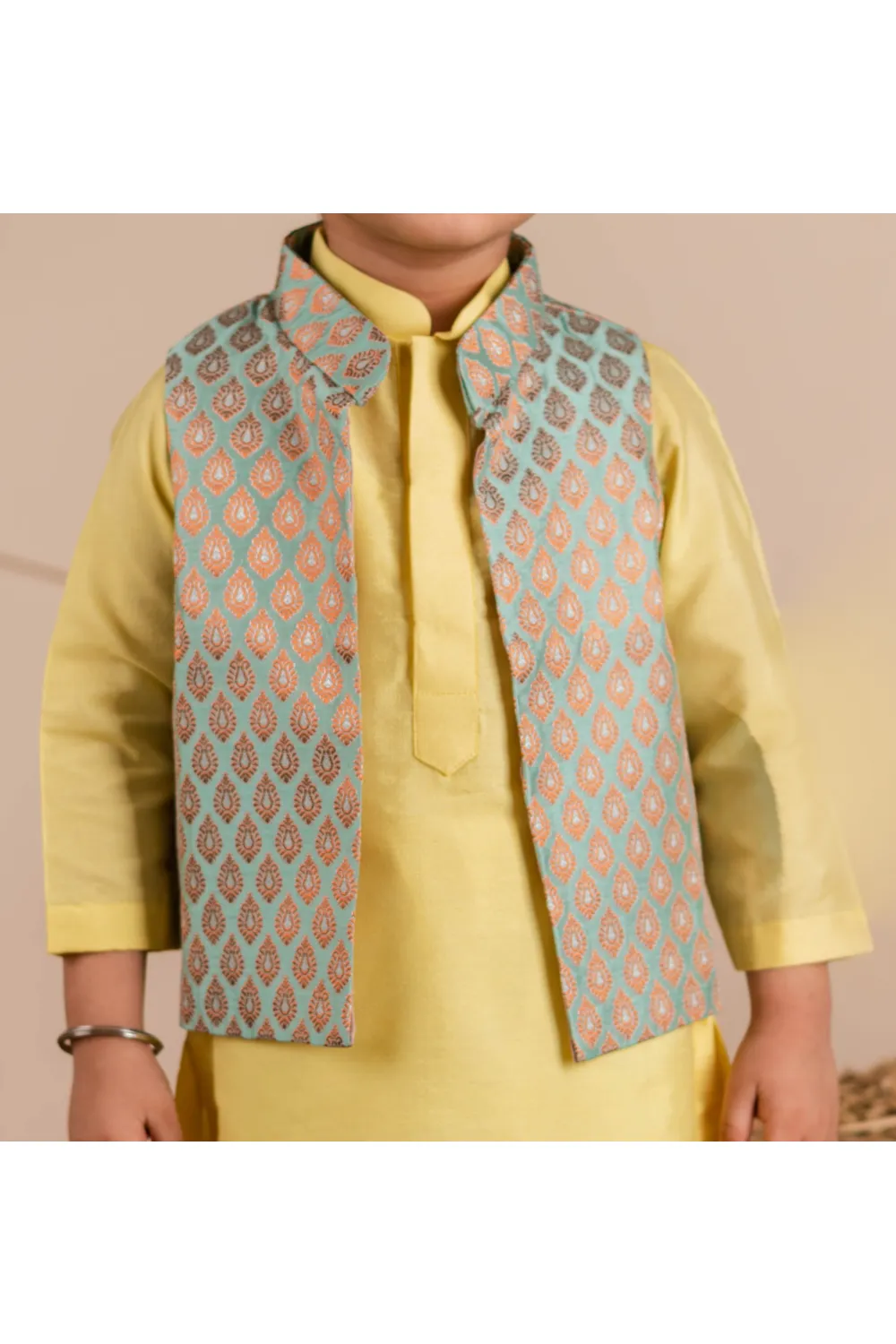 Yellow Cotton Silk Kurta And Churidar With Green Brocade Jacket Set