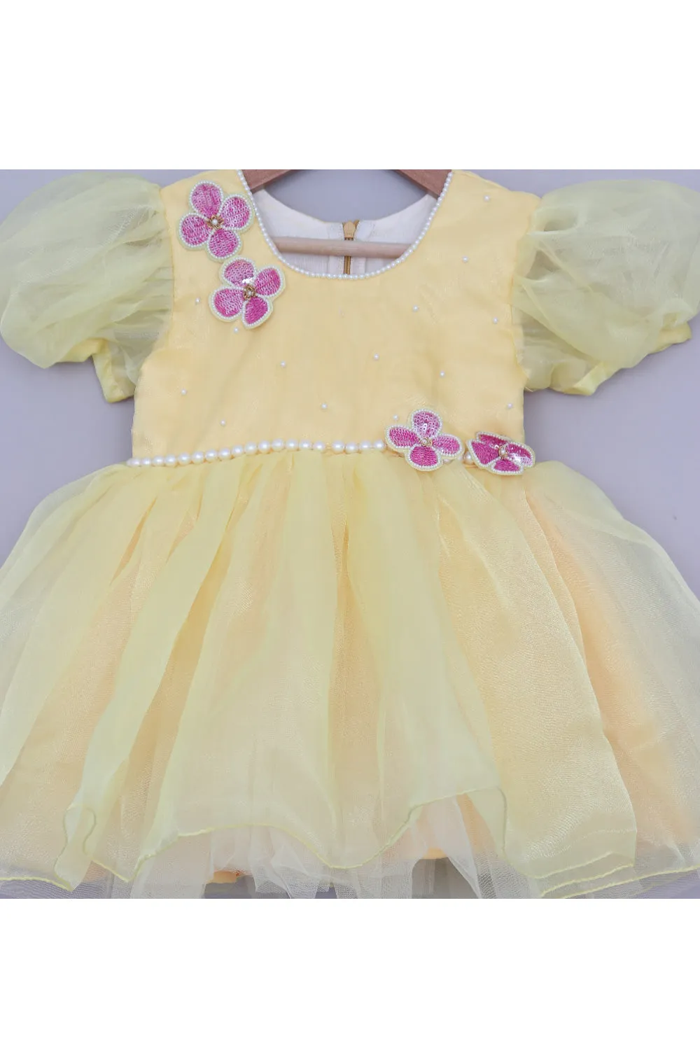 Yellow Floral And Pearl Detailing Organza Dress