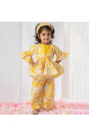 Yellow Floral Printed Peplum Style Top With Pant Set