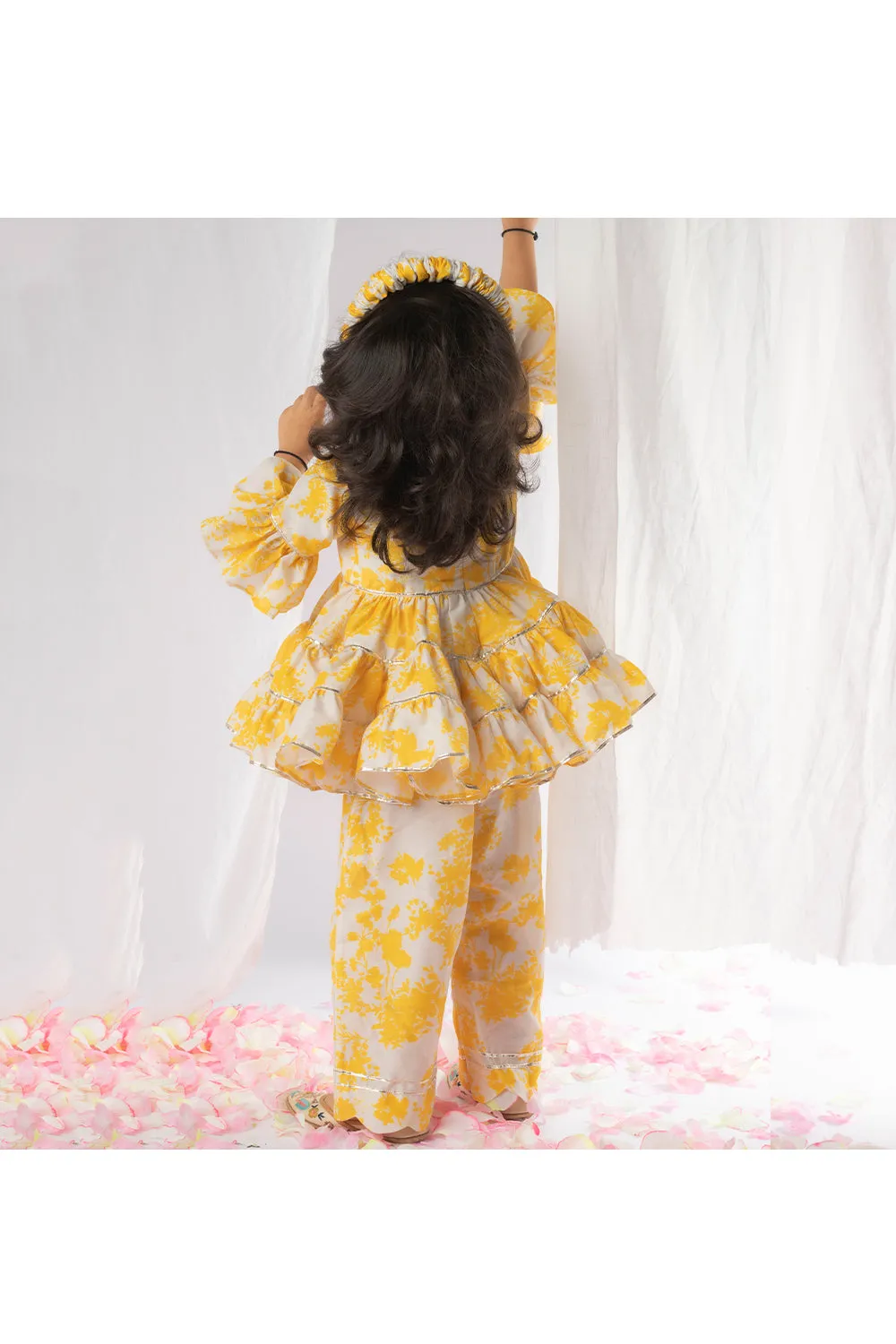 Yellow Floral Printed Peplum Style Top With Pant Set