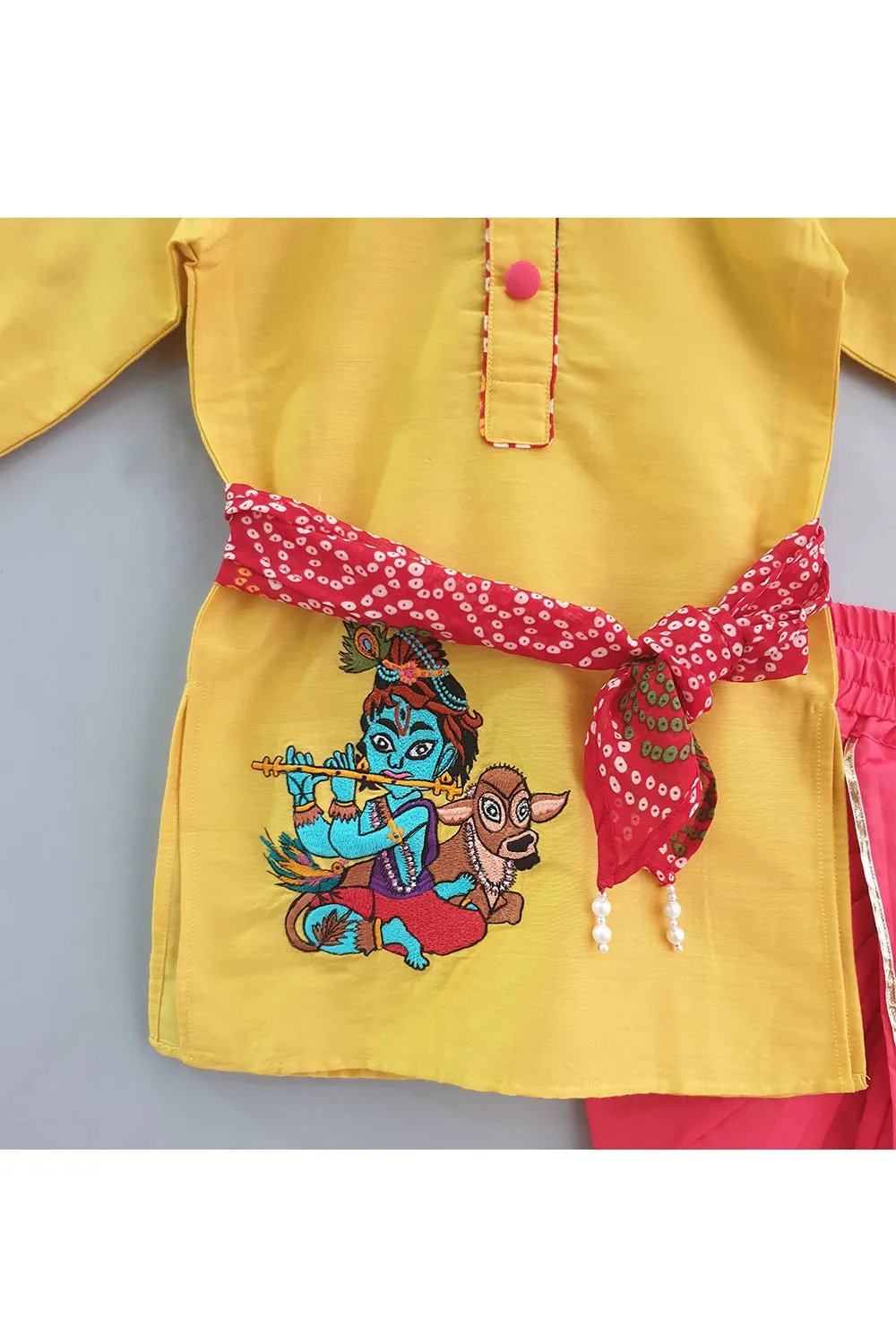 Yellow Krishna Embroidered Kurta With Dhoti Set And Headband