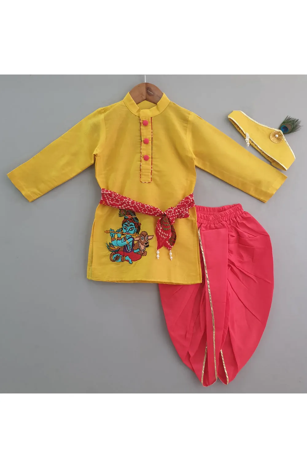 Yellow Krishna Embroidered Kurta With Dhoti Set And Headband