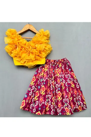 Yellow Ruffle Organza Top With Printed Lehenga Set