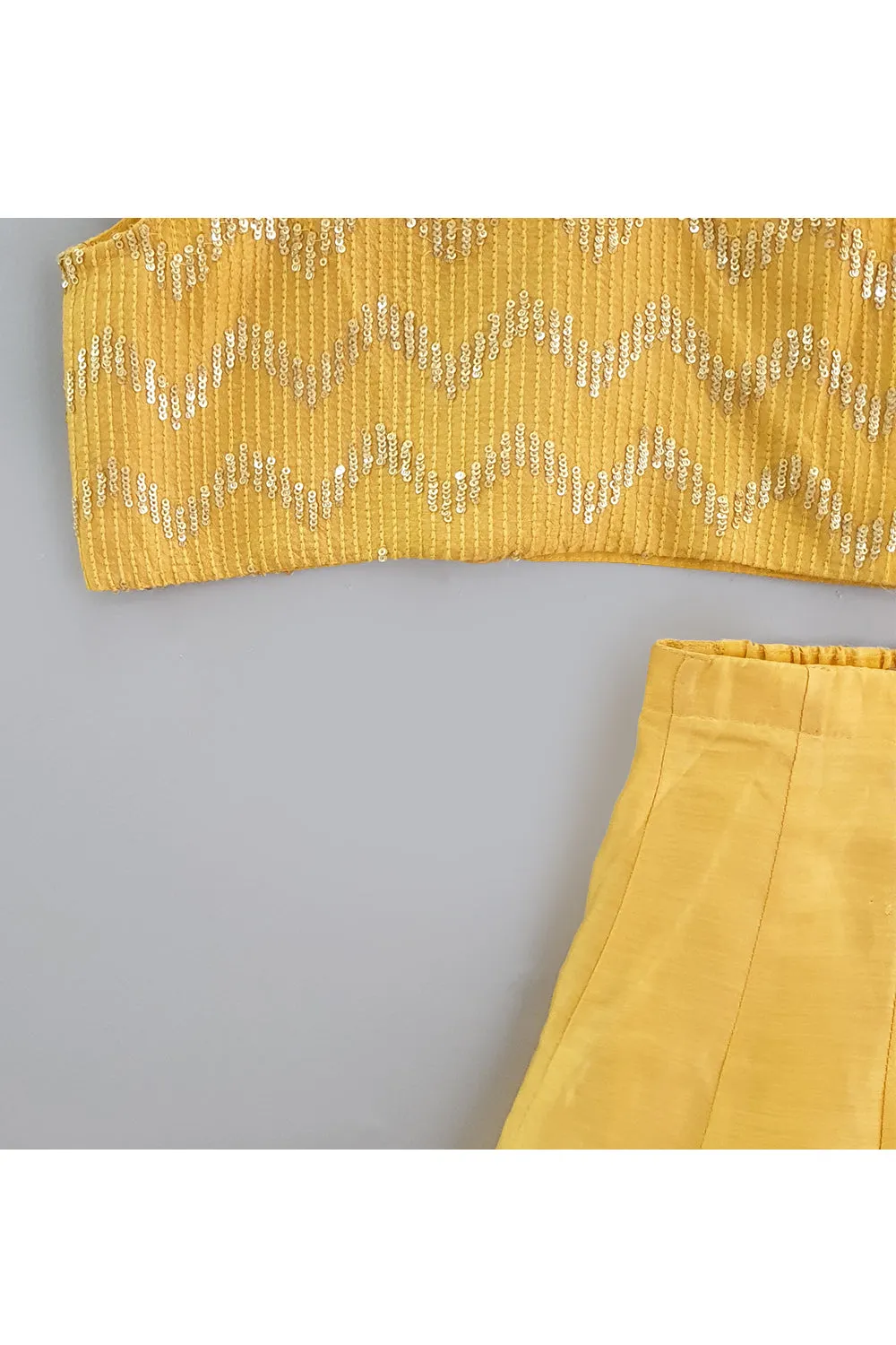 Yellow sequin and thread work top with ghagra and dupatta