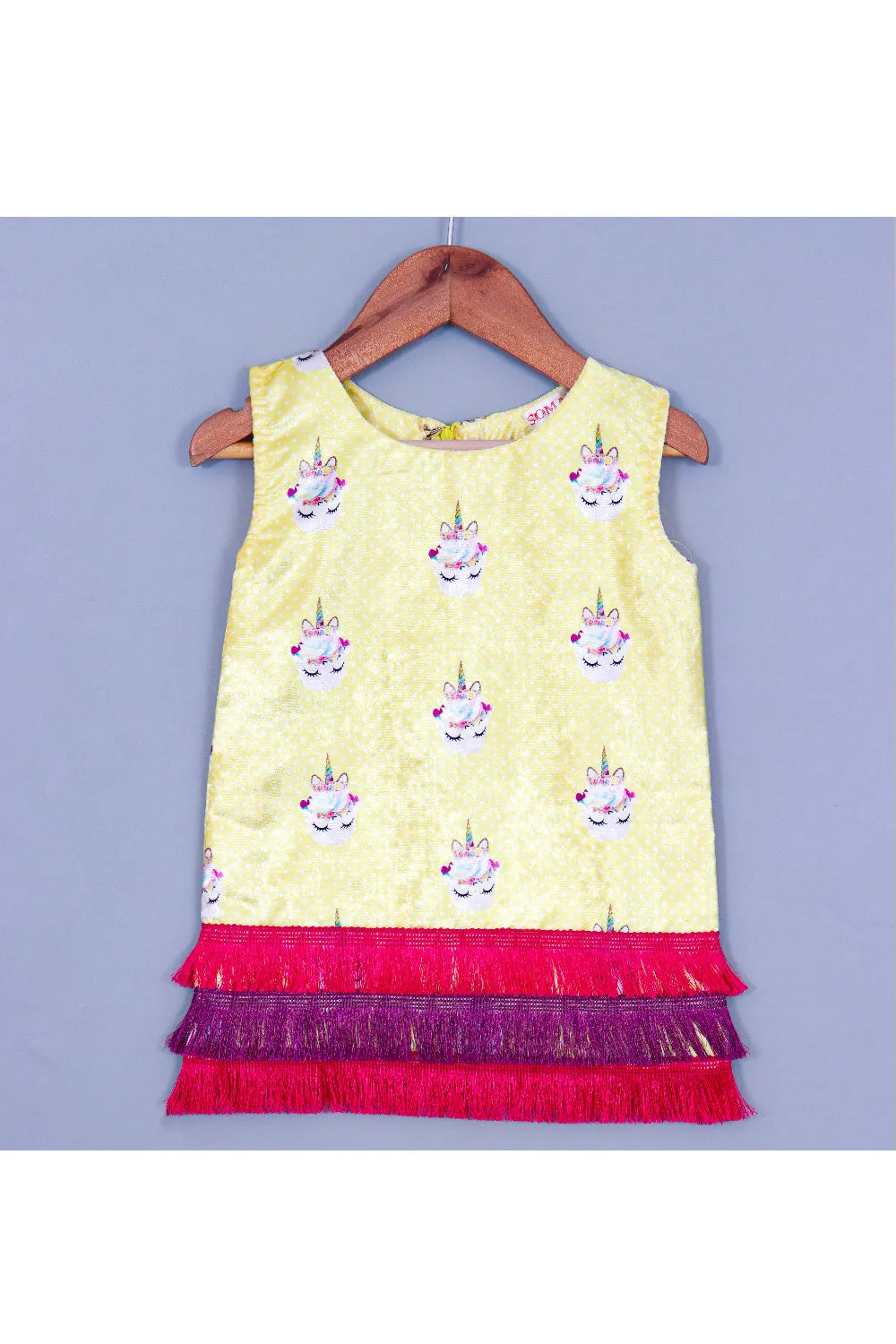 Yellow Unicorn Printed Velvet Sleeveless Dress