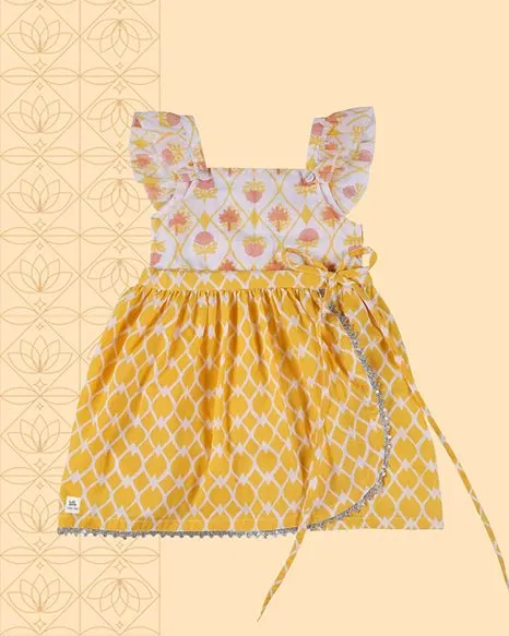 Zahra - Handblock Printed Infant Onesie with Detachable Lehenga Skirt and Matching Clips