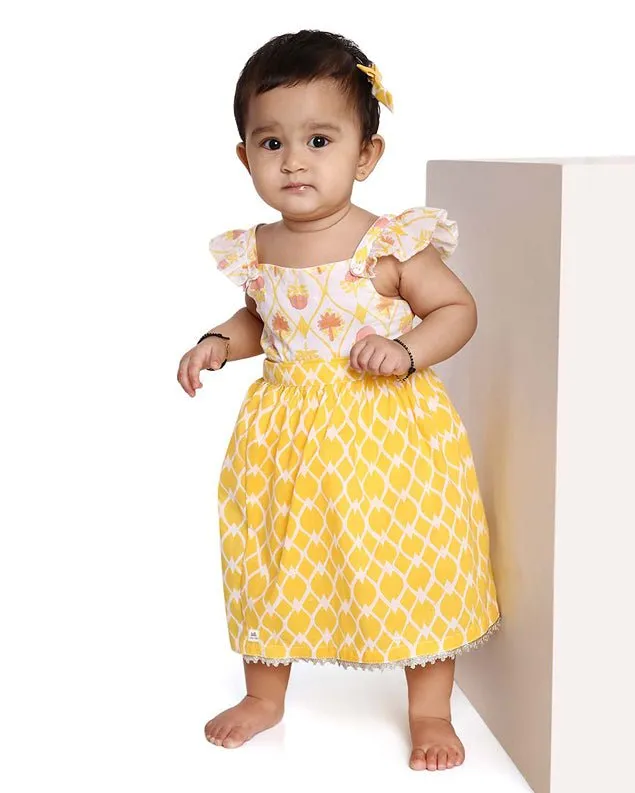 Zahra - Handblock Printed Infant Onesie with Detachable Lehenga Skirt and Matching Clips