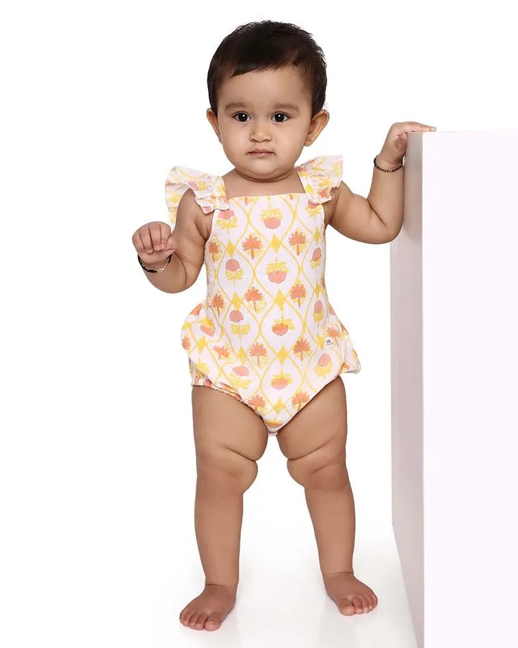 Zahra - Handblock Printed Infant Onesie with Detachable Lehenga Skirt and Matching Clips